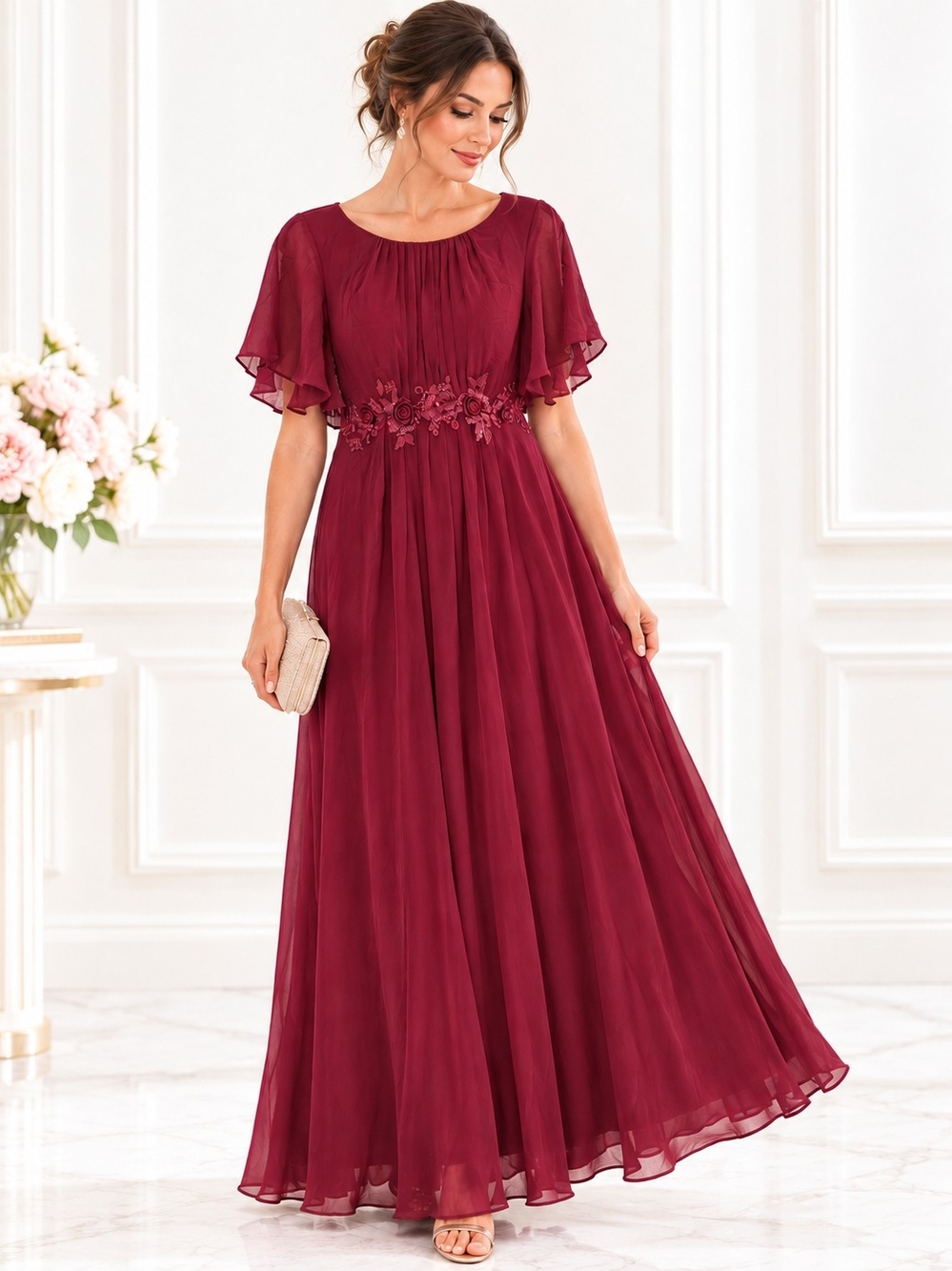 Ever-Pretty Burgundy Chiffon Formal Maxi Gown Flutter Sleeve | Size Medium